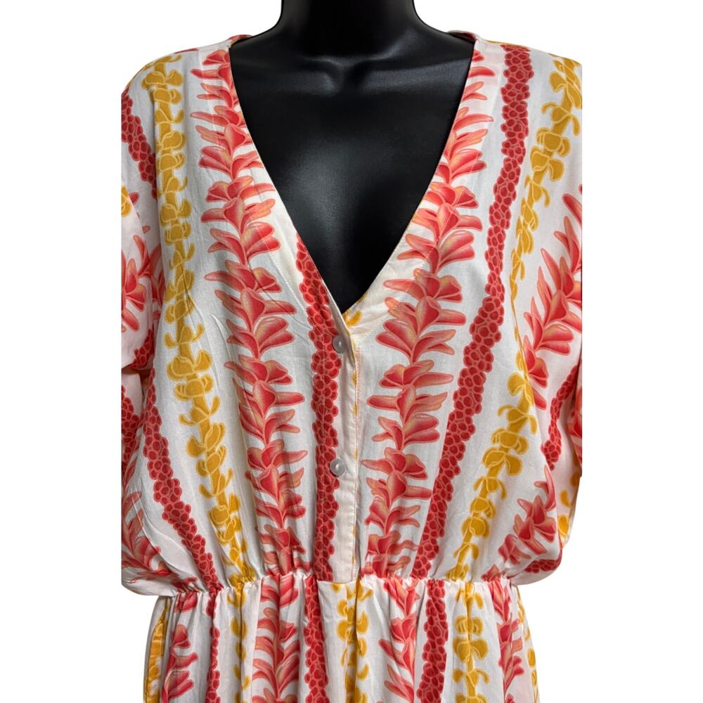 2B Desired Tropical Hawaiian Floral Print Romper Cover Up Pink Yellow White XL - Picture 2 of 10